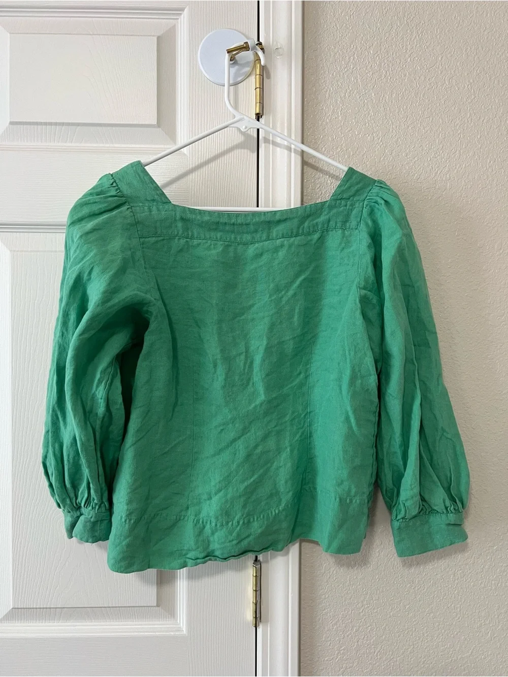 J.Crew Green 100% Linen Button Front Puff Sleeve Blouse Top Small BG249